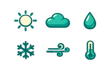 Set of weather icons including sun cloud rain snowflake wind and thermometer for meteorology forecast and climate monitoring applications