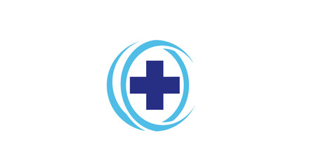 Fototapeta premium Blue medical cross in swirling circles healthcare and pharmacy logo on an isolated white background.