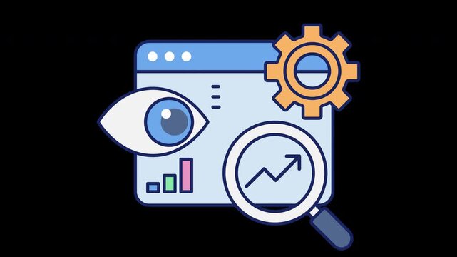 AI Data Analytics Dashboard Animation. Animated analytics dashboard with eye and growth chart representing AI data analysis, business intelligence. Transparent Background with Alpha Channel