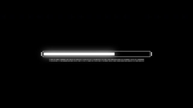 Futuristic HUD loading bar animation with binary data code and subtle flicker effect, cyber interface progress indicator isolated on black background