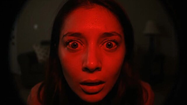Woman's frightened face illuminated by ominous red glow during online scam attack