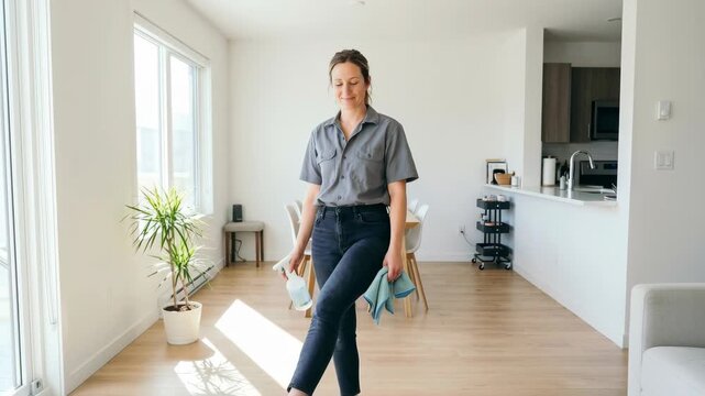 Woman cleans and organizes bright minimalist home with natural products and reusable bottles