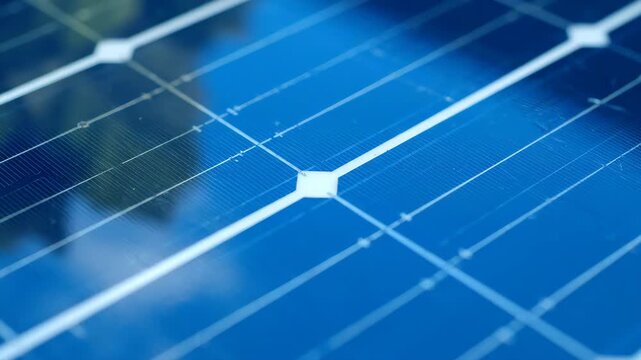 Extreme close-up of blue solar panel cell texture. Abstract background concept of modern renewable energy technology and sustainability.