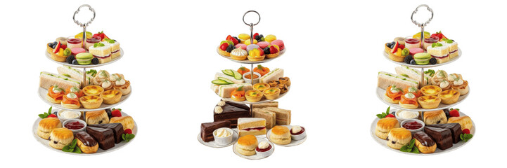 Set of luxury three-tier afternoon tea stands with assorted finger sandwiches, scones, and gourmet pastries, isolated on white background for catering and cafe menus. © Druvh