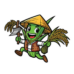 Fototapeta premium Happy Rice Farmer Character Carrying Sheaves and Axe