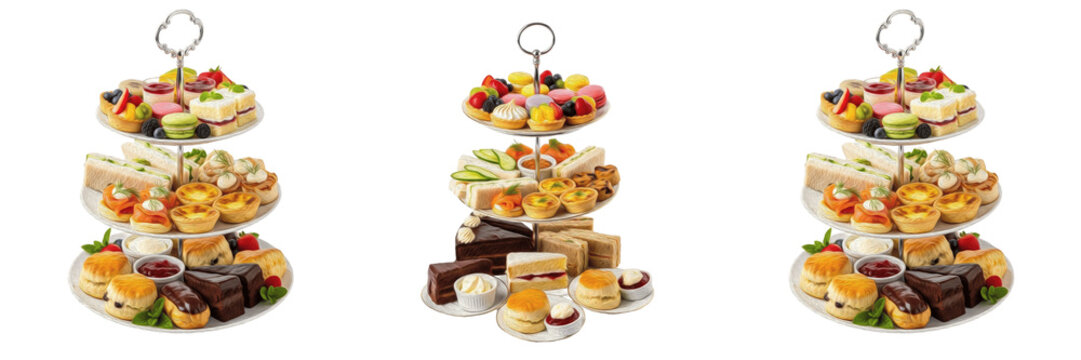 Set of luxury three-tier afternoon tea stands with assorted finger sandwiches, scones, and gourmet pastries, isolated on white background for catering and cafe menus.