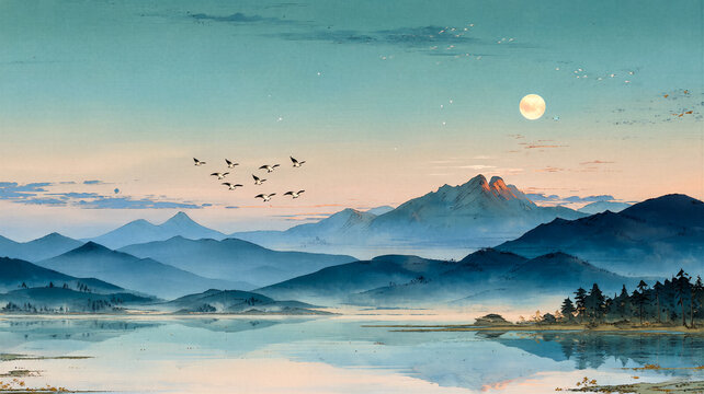 Tranquil Asian Inspired Landscape Illustration of Misty Mountains Reflection in Water under Full Moon