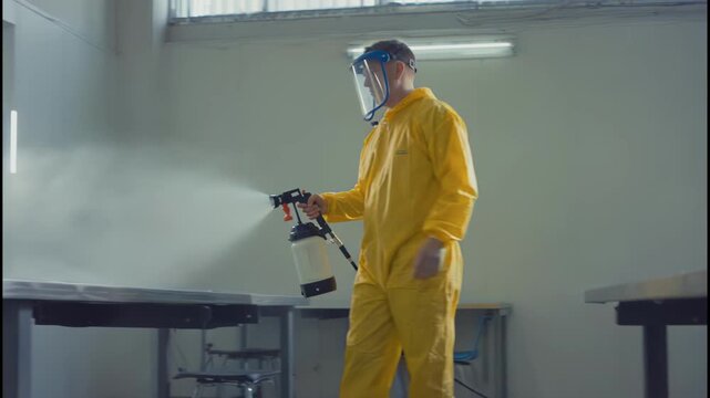 Male worker in yellow protective suit sprays disinfectant on classroom tables, demonstrating thorough cleaning process in an indoor educational environment