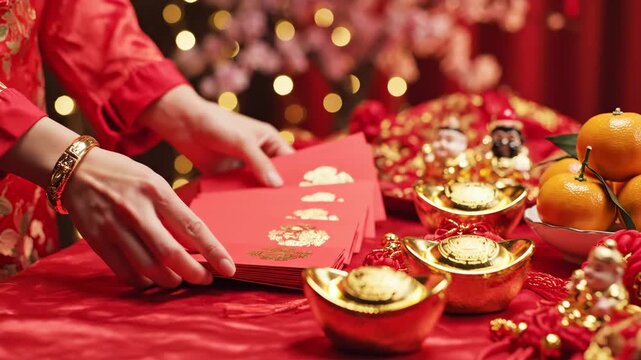 Hands placing red envelopes on table for Chinese New Year. Traditional gift giving with gold ingots and mandarin oranges