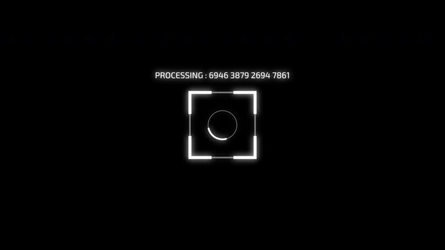 Futuristic HUD processing scanner animation with flicker effect and changing numeric code, cyber interface target frame isolated on black background