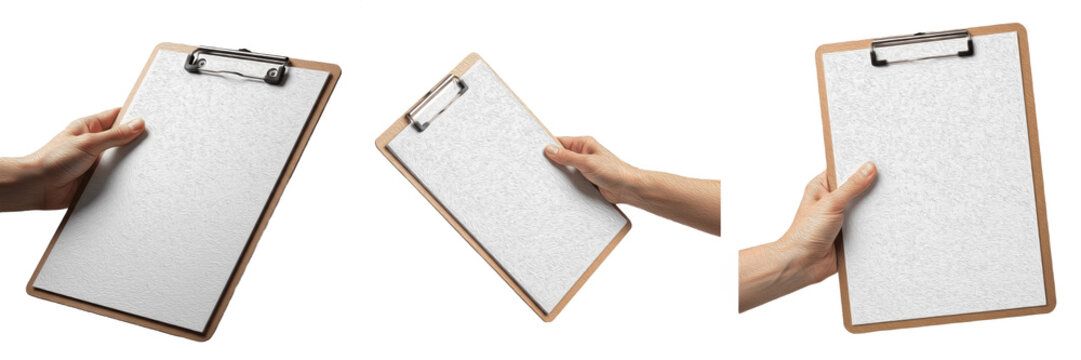 Set of hands holding a wooden clipboard with blank white paper, isolated on white background, business document mockup and office stationery concept.