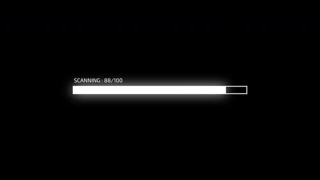 Futuristic scanning loading bar animation with precise percentage counter and subtle glitch flicker effect, clean HUD progress indicator isolated on black background