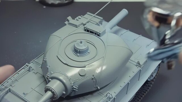 Model tank assembly process showing detailed airbrushing technique on turret and barrel, highlighting precision work in a well-lit workshop environment