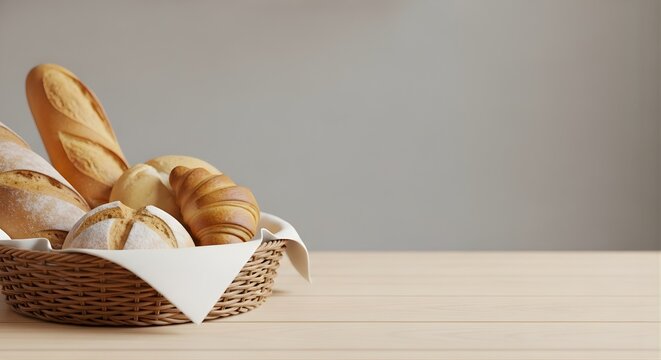 Assorted Freshly Baked Artisan Bread and Croissant in Wicker Basket