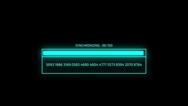 Futuristic cyber synchronizing loading bar animation with flicker effect and numeric data code, neon HUD progress interface isolated on black background