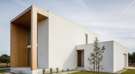 Modern White House with Wood Accent