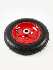Wheel is pneumatic on a white background. Black rubber, red disc.