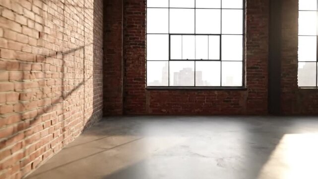 Industrial loft interior with brick walls, large windows, and concrete floor in modern architecture