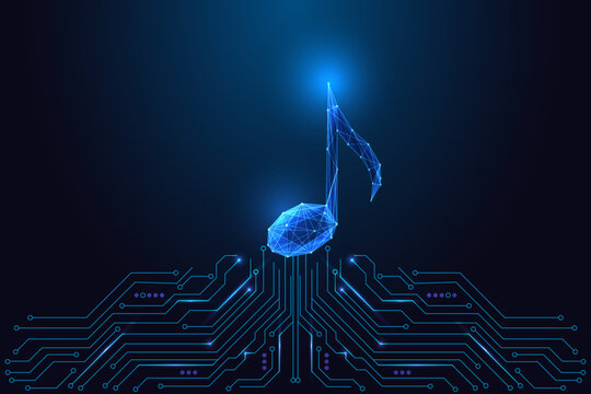 Digital music note above circuit board, AI-generated sound and futuristic audio technology concept