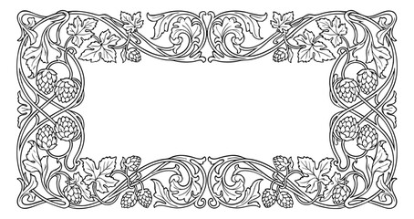 Vintage black and white hop vine frame, detailed ornamental line art illustration. © KosaDesign