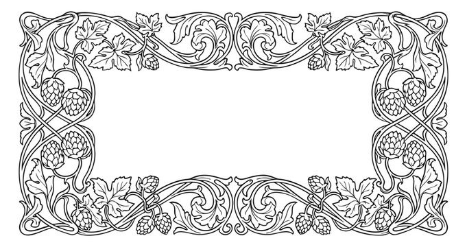 Vintage black and white hop vine frame, detailed ornamental line art illustration.