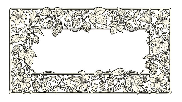 Decorative botanical border featuring hop cones and floral elements, retro monochrome engraving illustration.