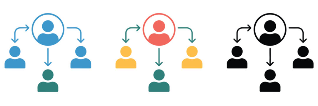 Delegate multiple style icons set design, vector collection featuring flat, outline, glyph, and icons, ideal for business management, team workflow, task assignment