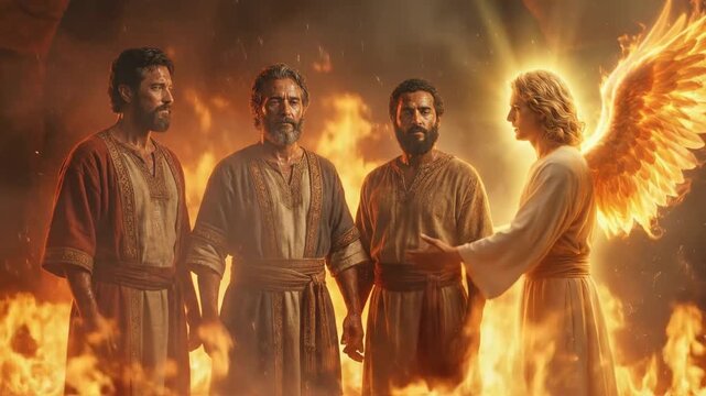 Shadrach, Meshach and Abednego in the Fiery Furnace Protected by an Angel, Babylon (Book of Daniel 3).