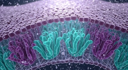 Obraz premium A highly detailed 3D scientific visualization of a cell membrane's lipid bilayer featuring purple phospholipid heads and glowing teal integral proteins in a microscopic fluid environment.