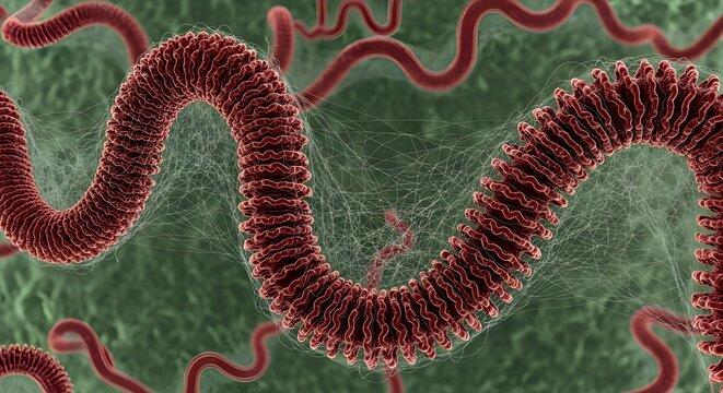 This image is a detailed 3D digital illustration of spiral-shaped bacteria or microorganisms, often used to represent pathogens like Leptospira or Spirochetes.