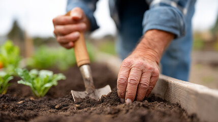Community gardening and vegetable planting scene with soil preparation