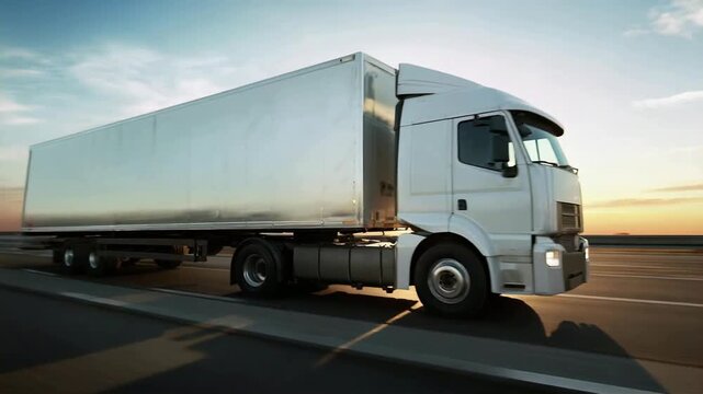 White semi truck with a large silver trailer driving along an empty highway into the sunset. The concept of logistics, cargo transportation, and freight shipping services is clearly represented