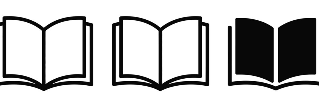 Book icon set, vector illustration featuring simple book symbols in various styles, ideal for education, library, reading, publishing, digital learning, and website or app design