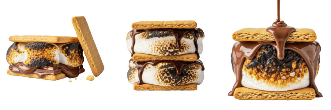 Set of delicious s'mores with toasted marshmallows, melted chocolate, and graham crackers isolated on white background, traditional campfire dessert and sweet snack.