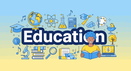 Education Concept with Diverse Learning Icons and Student Reading on Light Blue Background