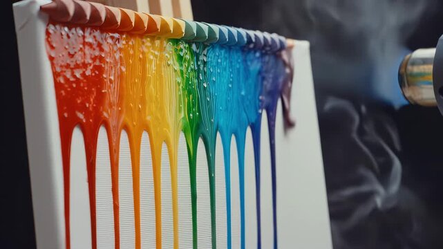 Colorful wax crayons melting and flowing down a blank canvas as a heat gun is applied, creating a vibrant art piece in a creative workspace