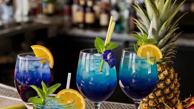Refreshing butterfly pea flower drinks on a bar counter with mango, pineapple, and dragon fruit for summer beverage