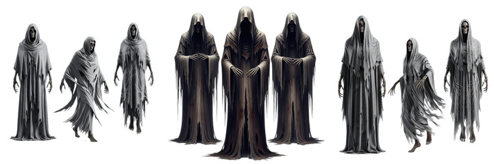 Sinister Dark Figures in Hooded Robes and Ghostly Specters Set Isolated on White Background