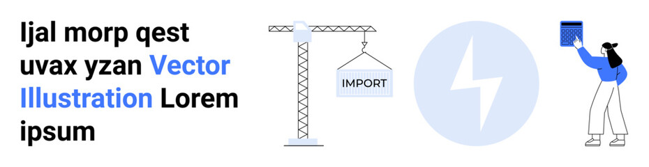 Logistics, education, energy, construction, trade, workplace concepts. Crane carrying an Import box, electricity symbol person holding a book. Logistics and education