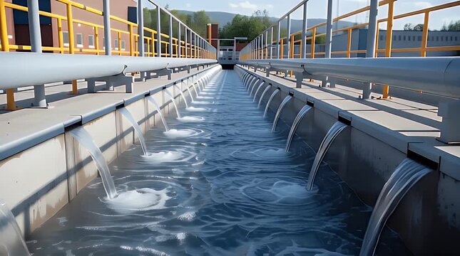 Water treatment facility channels show numerous steady streams of clear liquid cascading into a central basin creating ripples and aeration in an industrial environment.