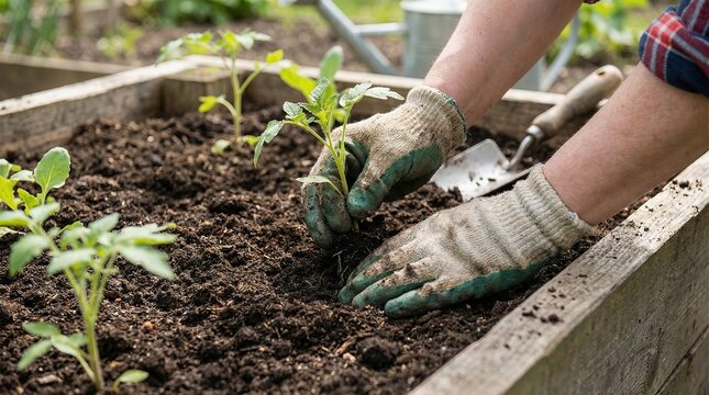 Gardener planting seedlings in a raised bed garden during spring  