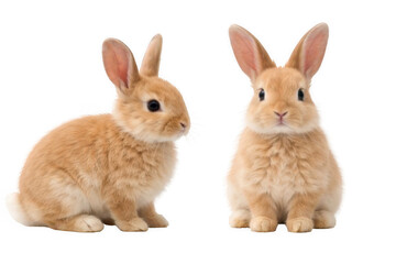 Fototapeta premium Set of two cute brown rabbits isolated on white background, front and side view of fluffy bunny for Easter design or nature themed mockup