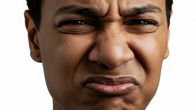 Expressive face, close-up, showing disgust with furrowed brows, wrinkled nose, and pursed lips