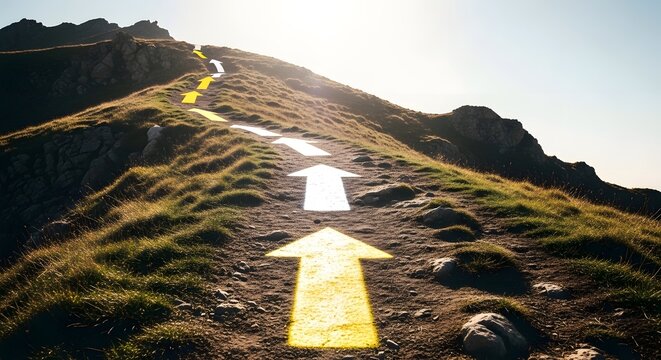 Yellow and white arrows on a mountain path guide the way up a hill towards the summit. A concept of progress, journey, and success.