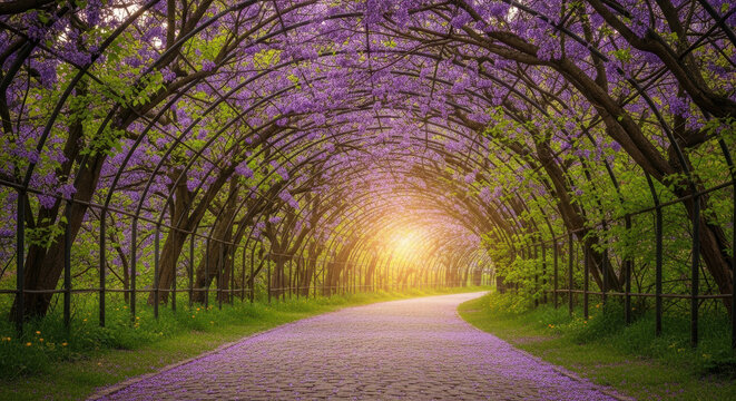 Blooming wisteria tunnel spring garden pathway sunset floral archway purple flower cobblestone road romantic nature travel landscape serene