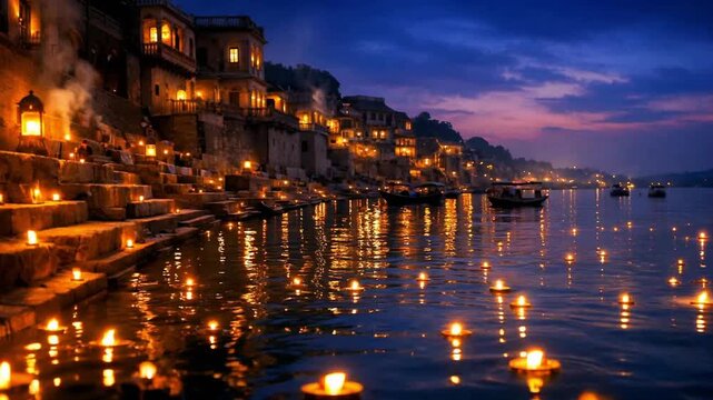 Hundreds of glowing diya candles floating on the ganges river during the ganga aarti ceremony in varanasi, with the ancient city ghats illuminated by lights under a twilight sky