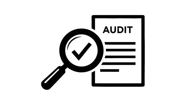 Vector illustration&nbsp;of black and white icon representing an audit process with a magnifying glass checking a document labeled audit on a transparent background