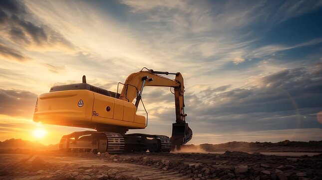 Powerful yellow hydraulic excavator resting on construction dirt ground during a dramatic orange and blue sunset showcasing heavy machinery operation and industrial development concepts.