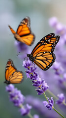 Obraz premium Monarch butterflies resting on lavender blooms in a tranquil garden setting