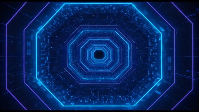 A futuristic blue tunnel with octagonal layers and neon lights